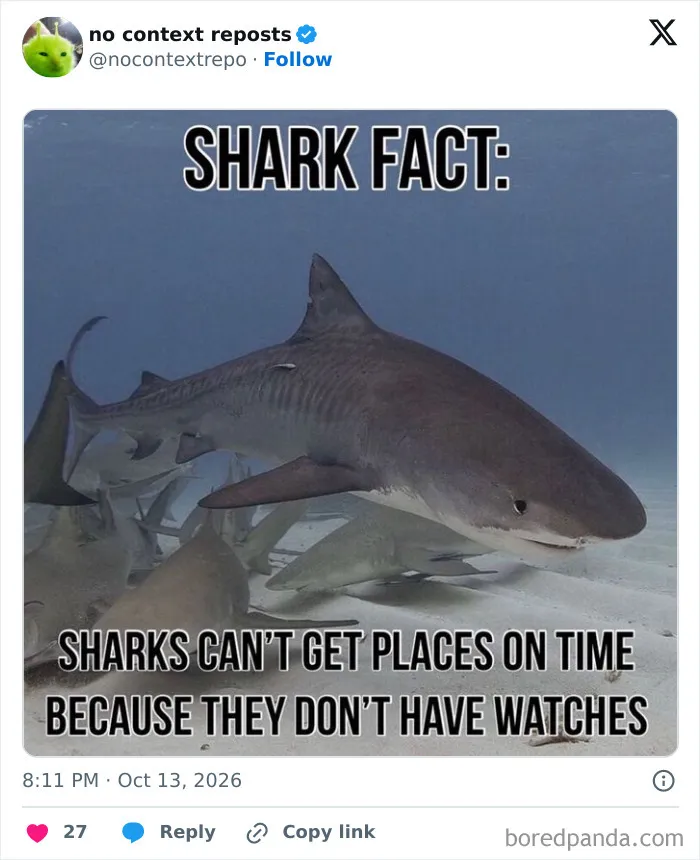 Shark fact meme about sharks being late because they don't have watches