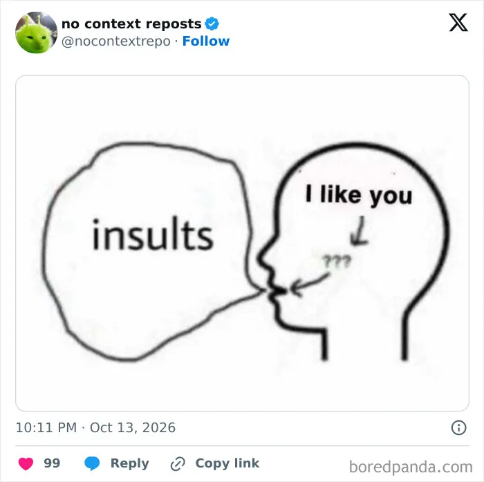 Diagram with insults inside head and I like you in mouth meme