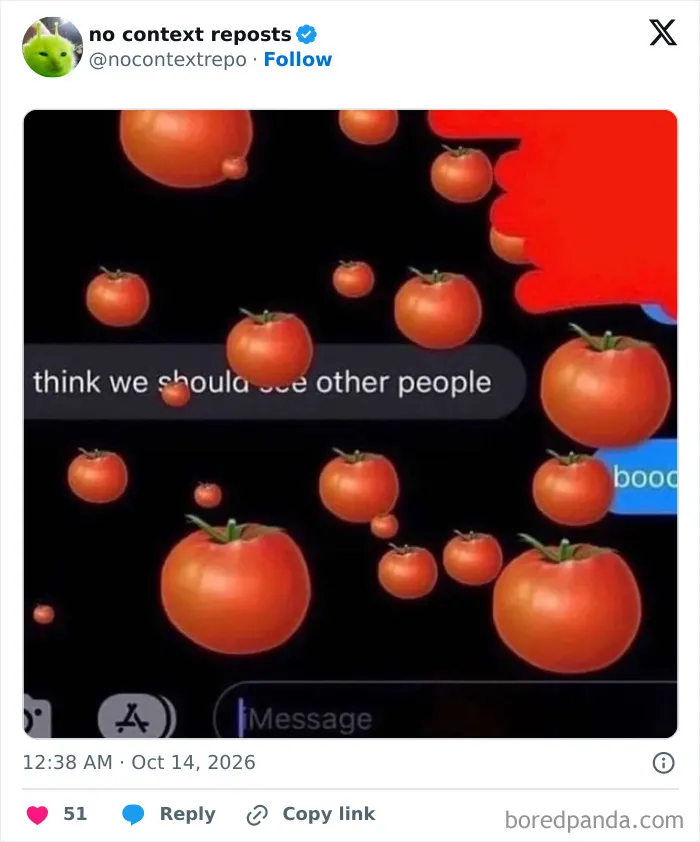 Text message with tomato emojis illustrating the phrase see other people meme