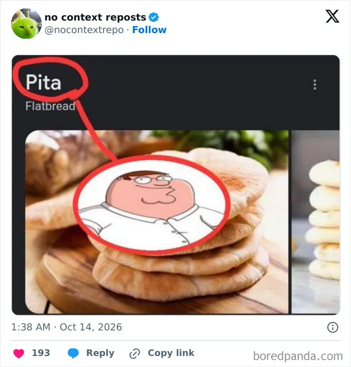 Humorous meme linking pita bread to cartoon character Peter Griffin