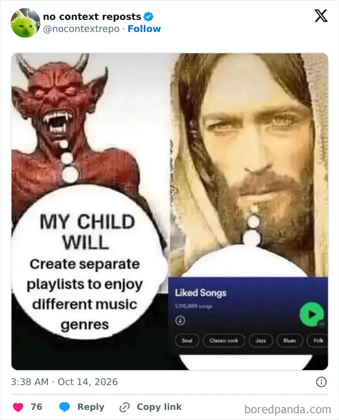 Devil and Jesus meme contrasts music playlist habits and genres enjoyed
