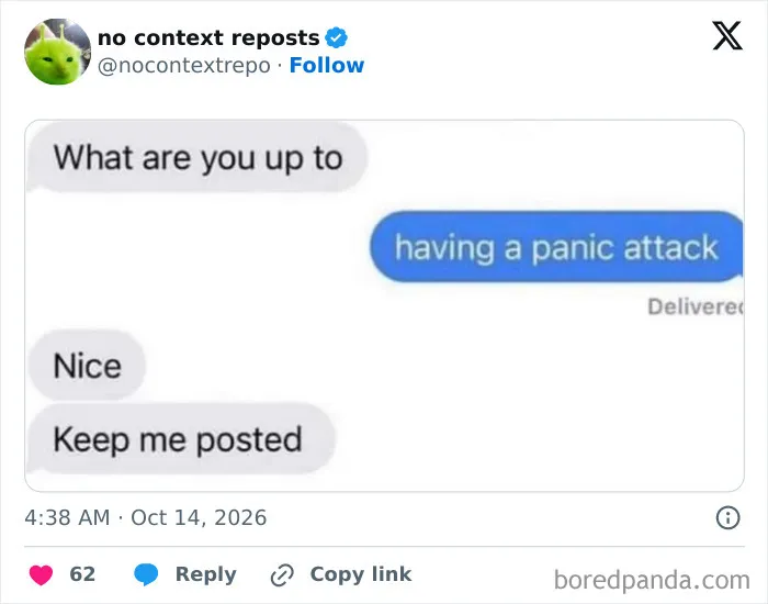 Text message exchange about having a panic attack with casual reply