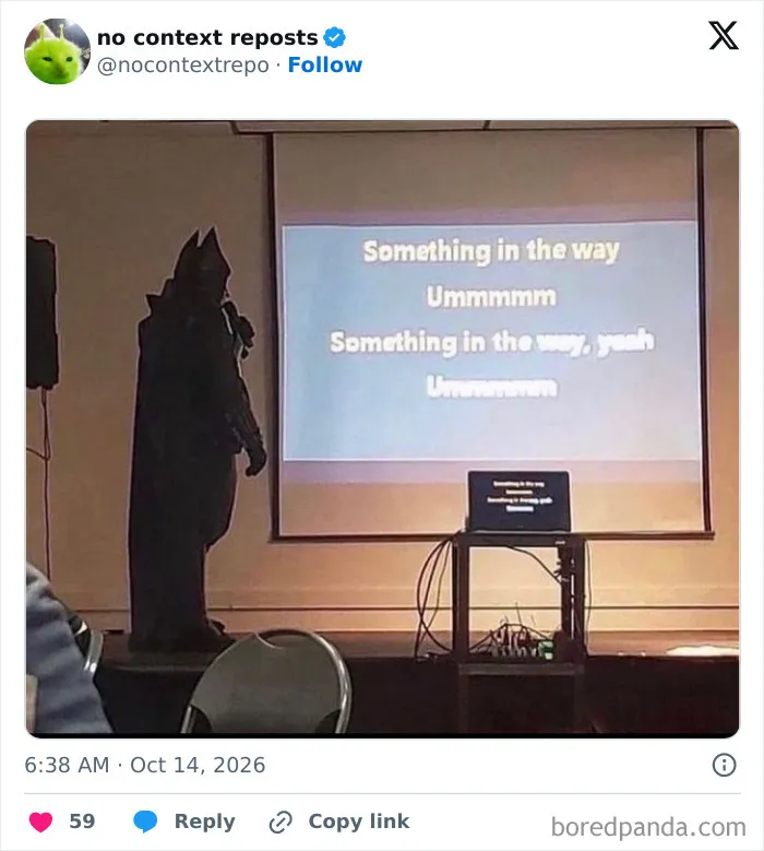 Person dressed as Batman awkwardly singing karaoke meme
