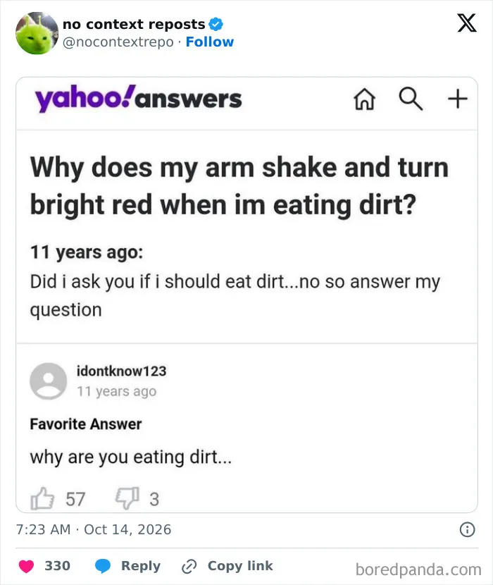 Yahoo Answers meme asking why arm shakes and turns red when eating dirt