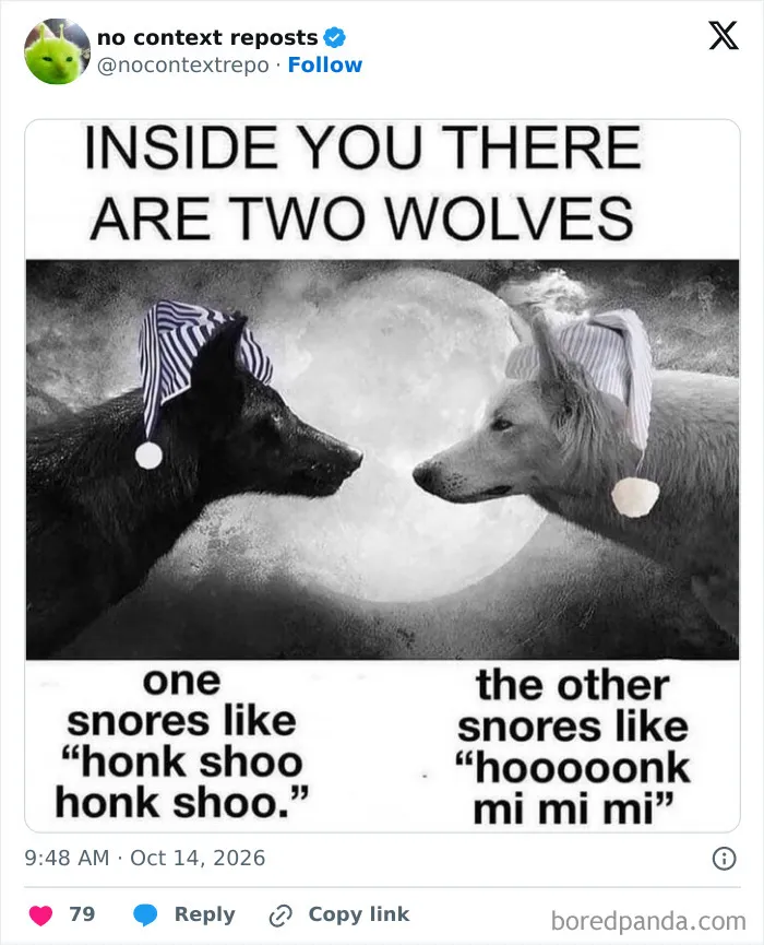 Two wolves with snoring sounds compare in internet memes about intrusive thoughts