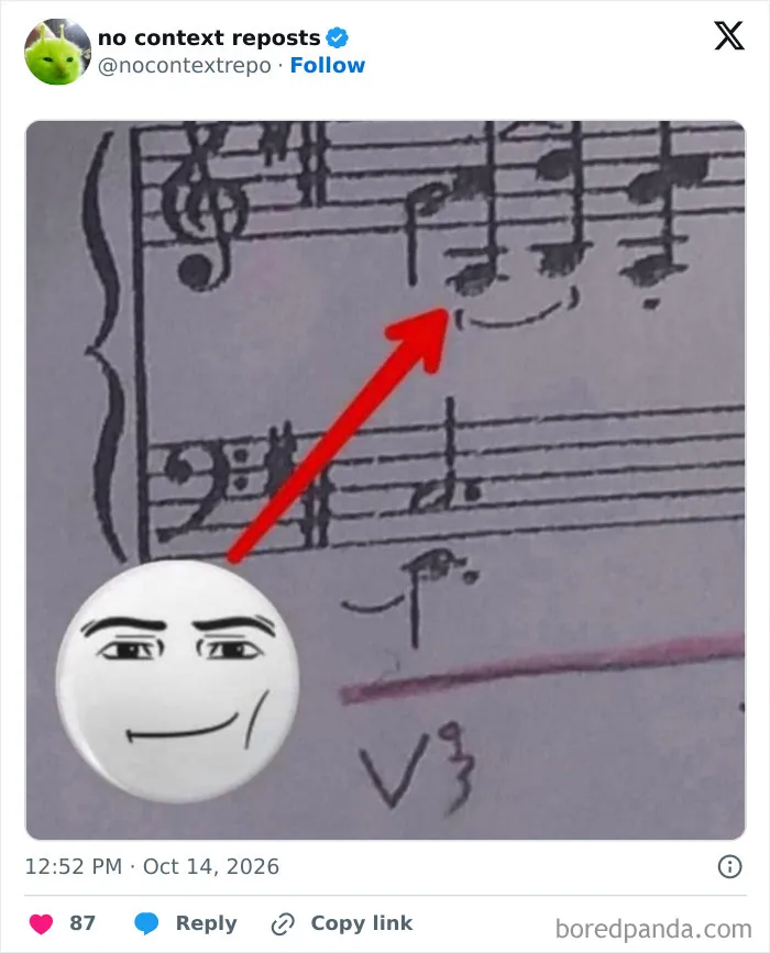 Red arrow points to a music note on sheet with meme face