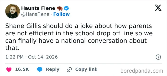 Funny post in parenting tweets about the struggle and inefficiency of the school drop-off line.