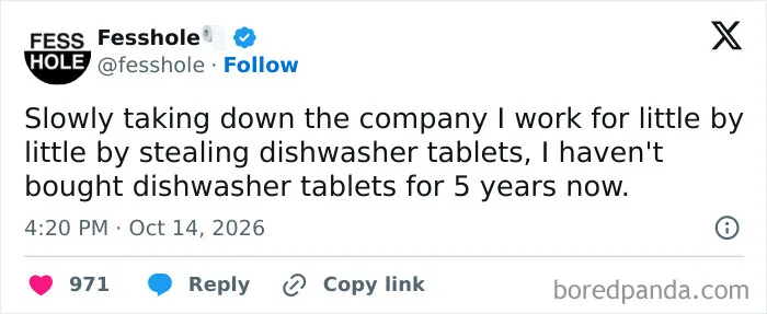 Anonymous confessions social media screenshot about taking dishwasher tablets from work for five years.