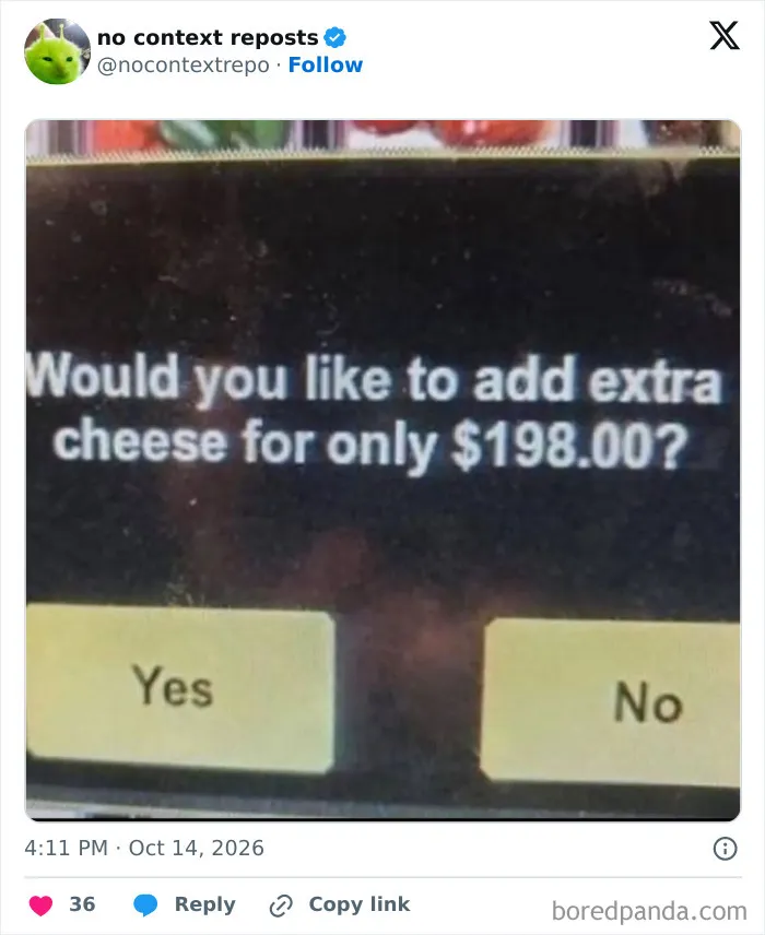 Humorous prompt asking to add extra cheese for 198 dollars