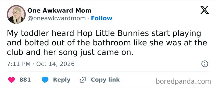 Relatable post featured in parenting tweets about a toddler running to a favorite song.
