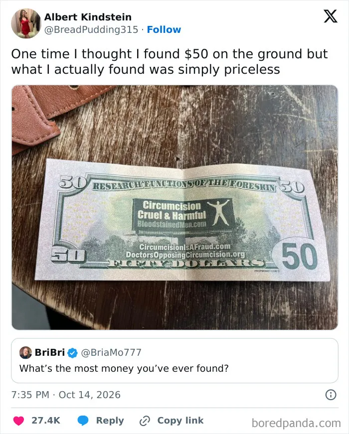 Hilarious tweets screenshot showing a fake 50 dollar bill printed with political messaging