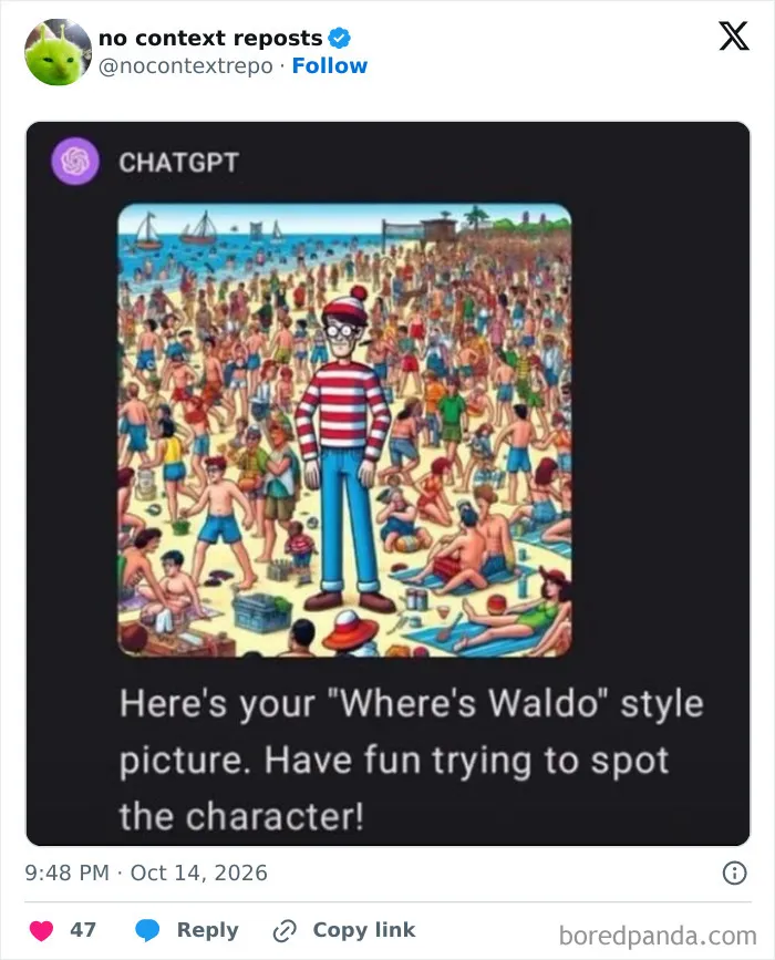 Where's Waldo style meme with crowded beach and character to spot