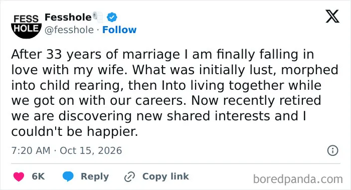 Anonymous confessions post about a man falling in love with his wife after 33 years of marriage.