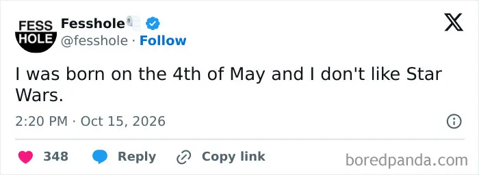 Anonymous confessions screenshot of someone admitting they dislike Star Wars despite a May 4th birthday.