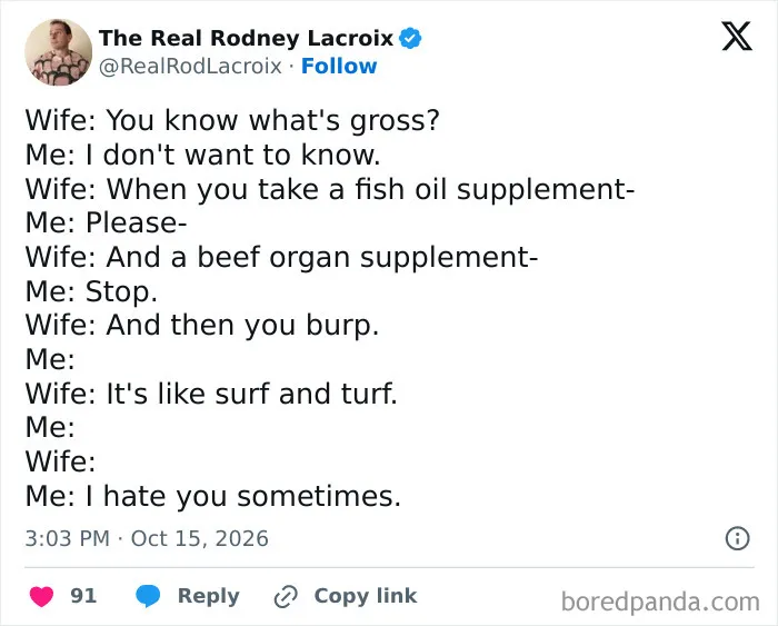 One of the hilarious tweets about a gross burp comparison between fish oil and beef organ supplements