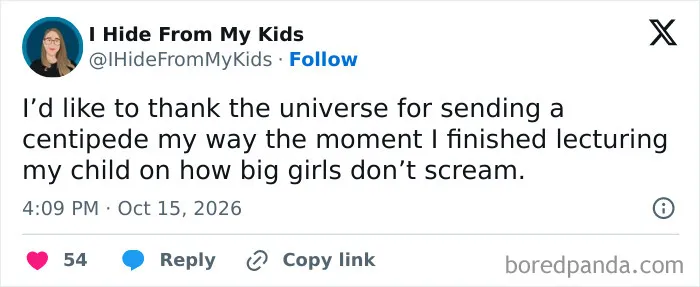 Funny post featured in parenting tweets about seeing a centipede right after lecturing a child.