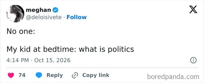 Funny parenting tweet about a kid asking about politics right at bedtime