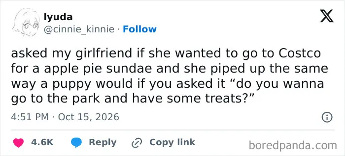 Hilarious tweet about asking a girlfriend to go to Costco for an apple pie sundae like offering treats to a puppy.