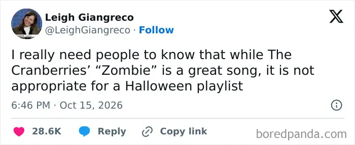 A post explaining why the song Zombie shouldn't be on a playlist, included in Halloween Tweets.