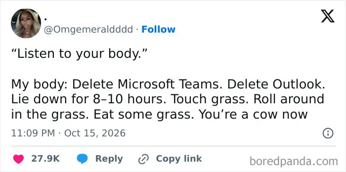 Relatable and hilarious tweet from October about wanting to quit work apps and touch grass.