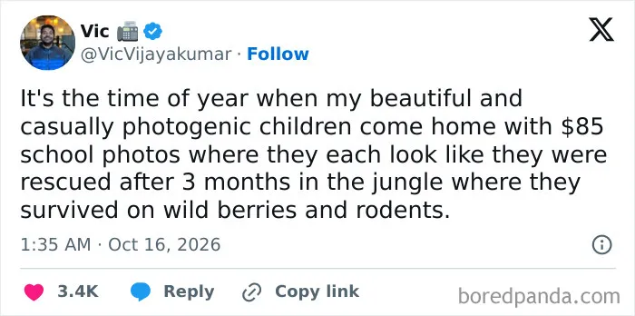 Funny tweet about expensive and wild-looking school photos, shared in a post about parenting tweets.
