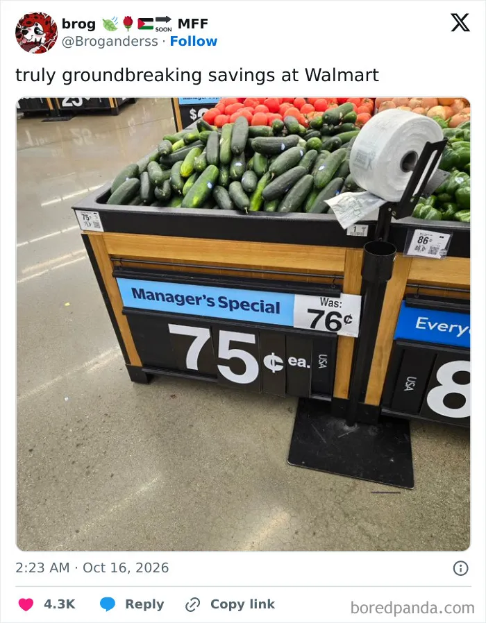 Funny tweet from October showing a store sign with a minuscule one-cent discount on cucumbers.