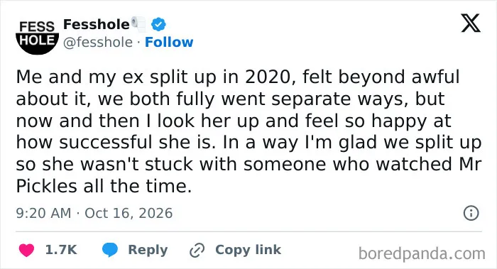 Anonymous confessions tweet about feeling happy for an ex-partner's success after splitting up.