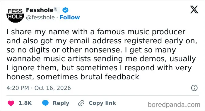 A screenshot of a social media post featuring anonymous confessions about receiving music demos mistakenly.