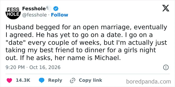 A screenshot of anonymous confessions about an open marriage secret on social media.