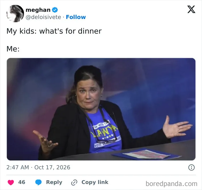 Humorous parenting tweet about answering what is for dinner with a shrugging meme