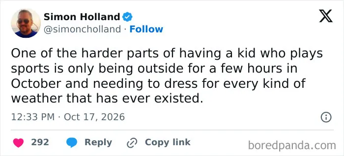 Relatable tweet about parenting a sports kid and dressing for unpredictable October weather.