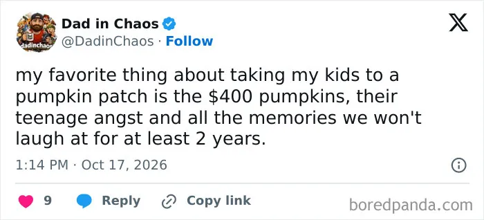 Humorous post from parenting tweets about taking teenagers to a pumpkin patch.