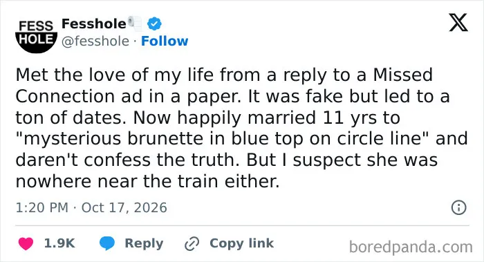 A social media post with anonymous confessions regarding a fake missed connection ad story.