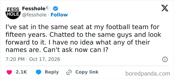 An image showing anonymous confessions about sitting with football fans without knowing their names.