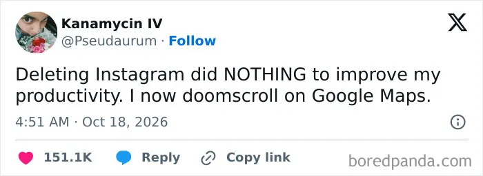 A funny post from hilarious tweets people shared about doomscrolling on Google Maps instead of using Instagram.