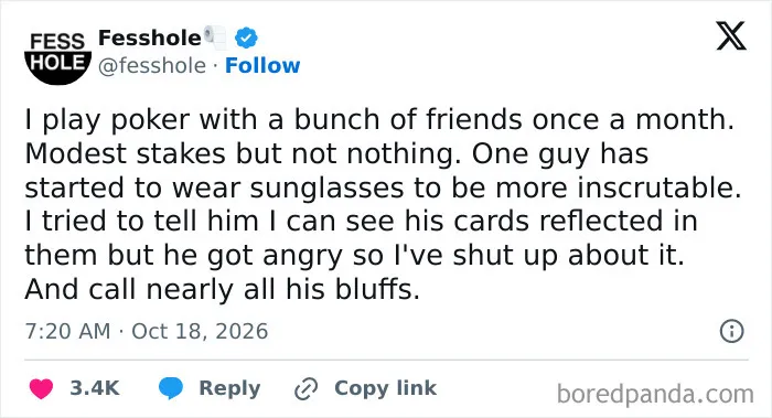 Anonymous confession tweet about seeing poker cards reflected in a friend sunglasses.