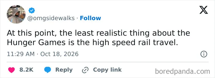 A hilarious tweet about high-speed rail travel and The Hunger Games, shared in an October roundup.