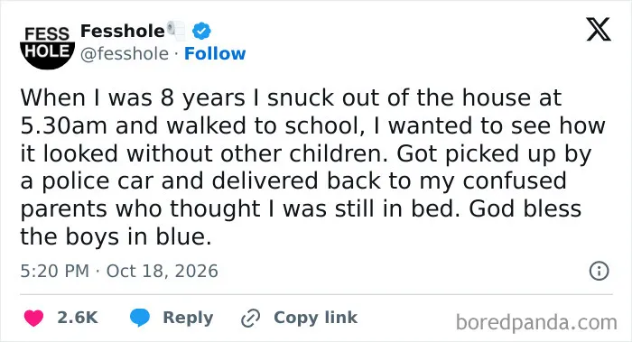 Anonymous confession tweet about sneaking out to school early as an eight year old child.