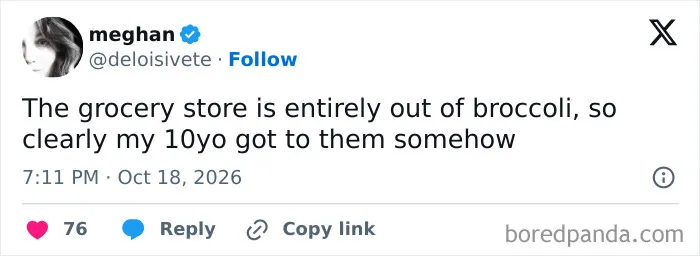 Humorous parenting tweet about a 10-year-old child responsible for the store running out of broccoli.