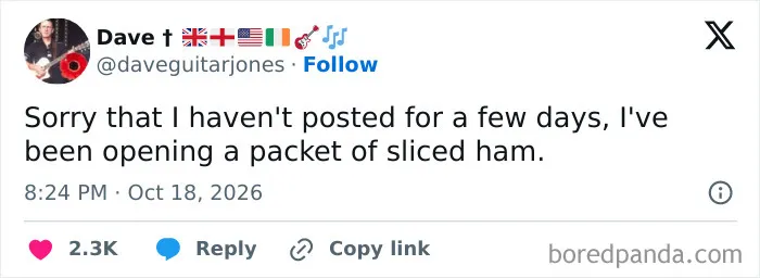 A funny post from a selection of hilarious tweets about spending days opening a packet of sliced ham.