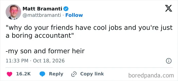 Relatable post featured in parenting tweets about a child calling their accountant parent boring.