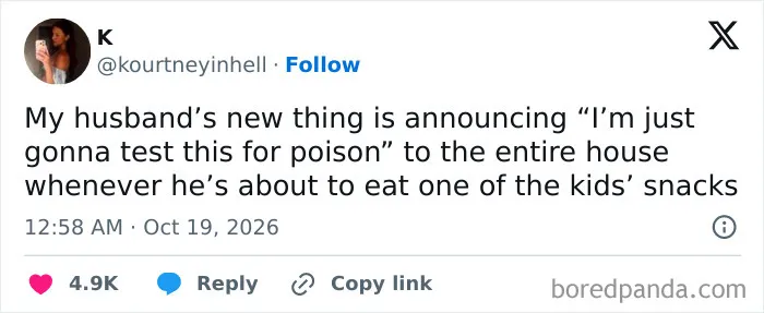 Funny post among parenting tweets about a husband testing kids snacks for poison.