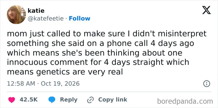 A relatable post by katie about overthinking genetics, included in hilarious tweets shared this October.