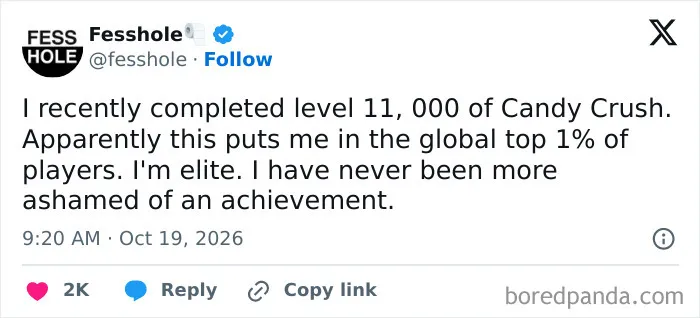 A text post containing anonymous confessions from a gamer ashamed of reaching level 11000 in Candy Crush