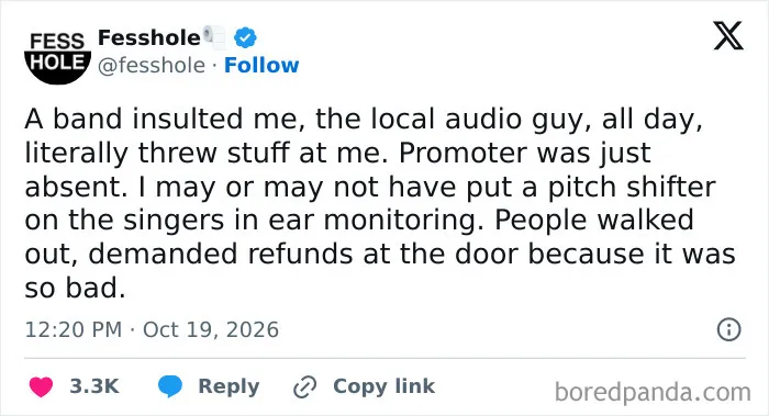 An image with anonymous confessions from an audio technician who sabotaged a rude band during a show