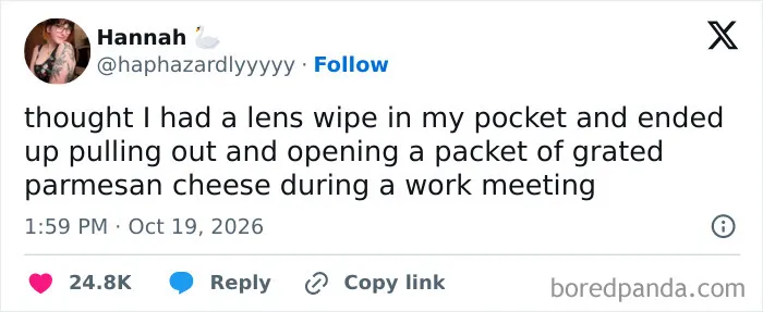 A screenshot of one of the hilarious tweets people shared about opening parmesan cheese instead of a lens wipe.