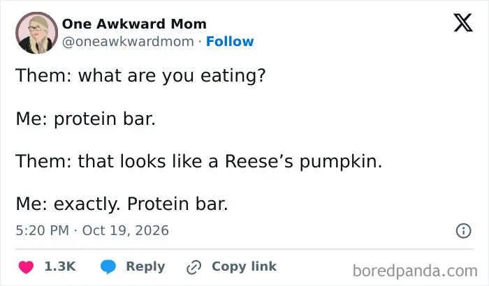 Funny joke featured in parenting tweets calling a Reese’s pumpkin a protein bar.