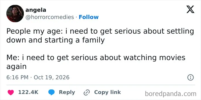 A funny tweet shared this October comparing settling down to watching movies.