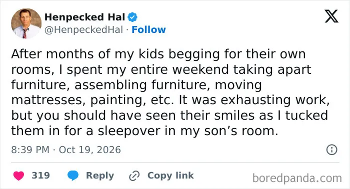 Humorous tweet about spending a weekend setting up kids bedrooms only for them to sleep in one room.