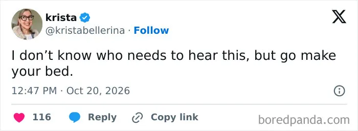 Parenting tweet reminding people to go make their bed